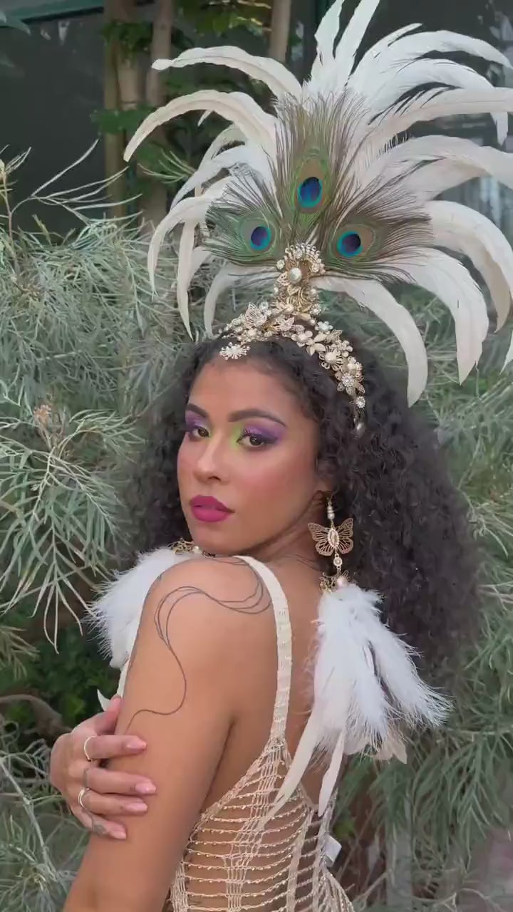 White Feather Earrings, Peacock Festival Earrings, Gold Showgirl Jewelry, Boho Carnival Accessories, Party Statement Earrings