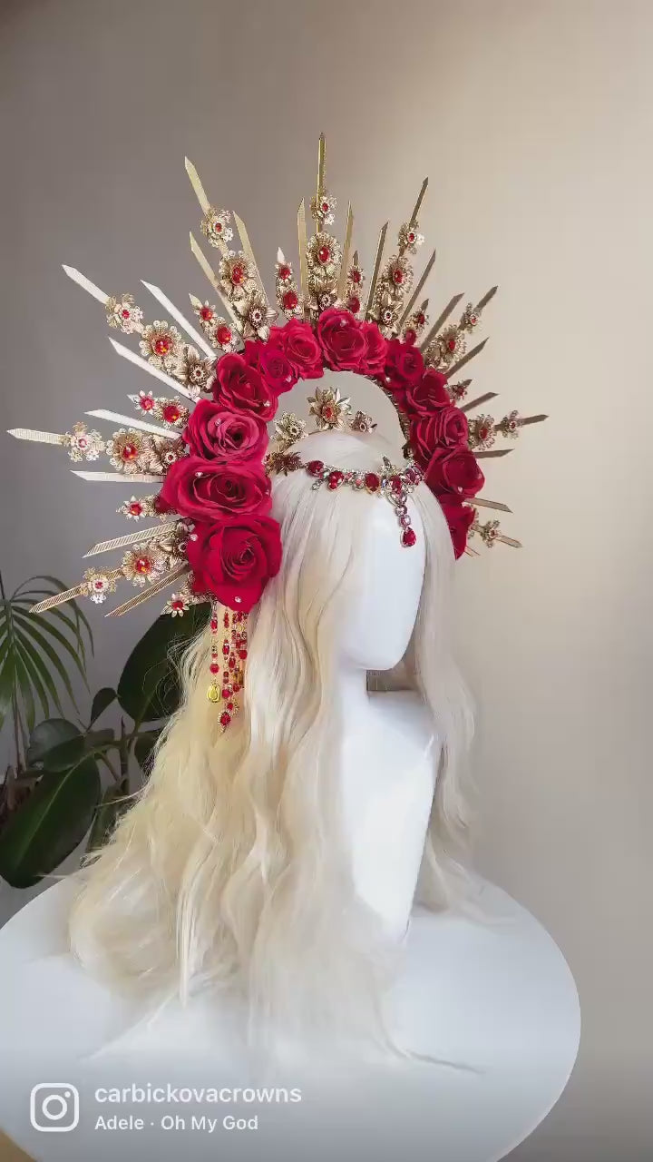 Red Rose Halo Crown, Gold Floral Crown, Festival Headpiece, Wedding Crown, Celestial Tiara, Goddess Halo, Boho Queen, Statement Headpiece