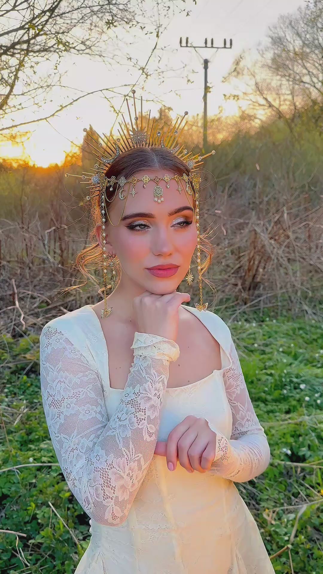 Load and play video in Gallery viewer, Celestial Halo Crown Gold Bridal Crown Moonchild Headpiece Star Pearl Goddess Crown
