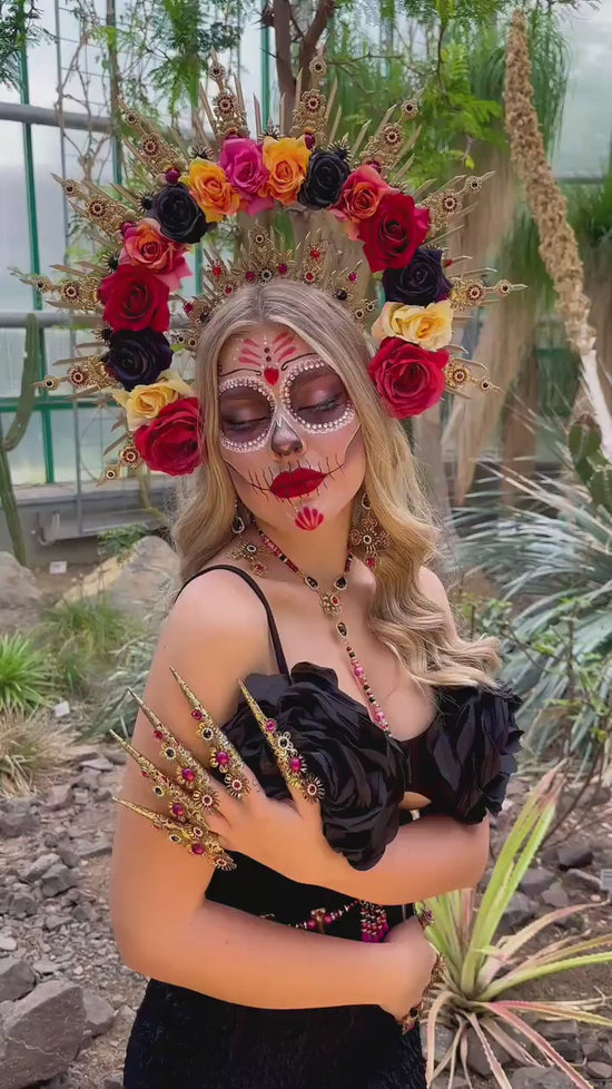 La Catrina Harness Necklace, Gold Body Chain, Red Black Beaded Jewelry, Cross Pendant, Statement Festival Jewelry, Elegant Gothic Style