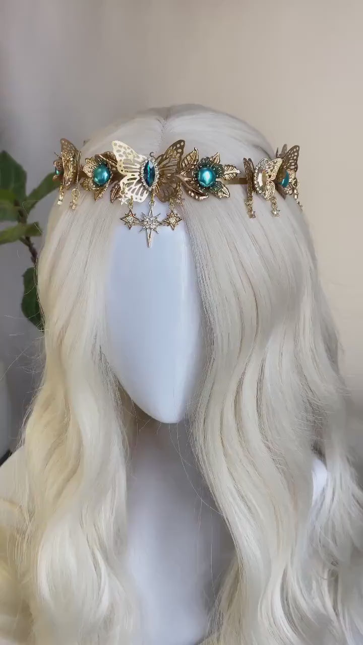 Butterfly Flower Tiara, Gold Headpiece with Teal Crystals Stars Butterflies, Elegant Bridal Crown for Weddings Festivals Special Occasions