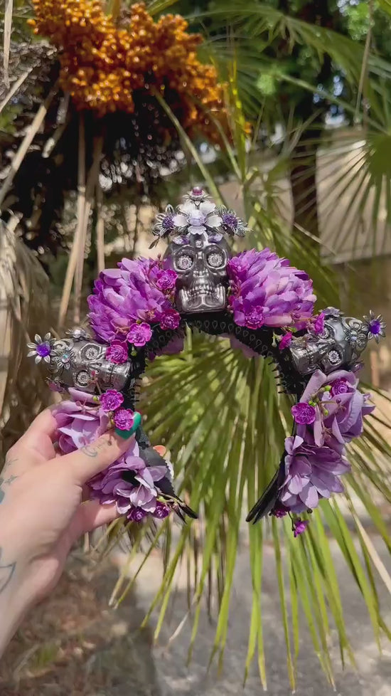 La Catrina Crown, Purple Skull Headpiece, Dia De Los Muertos, Flower Crown, Halloween Costume, Gothic Headdress, Festival Crown, Sugar Skull