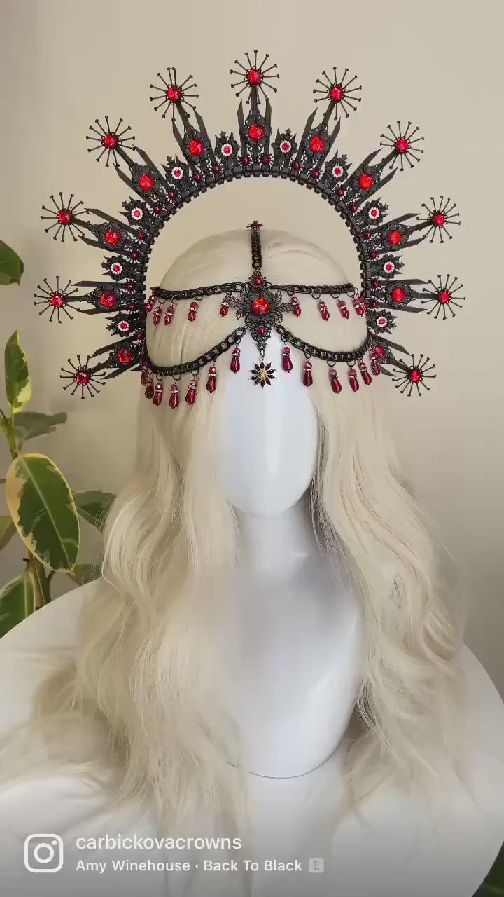 Gothic Crown, Red Halo Crown, Black Tiara, Halloween Headdress, Vampire Costume, Gothic Queen, Dark Crown, Festival Headpiece