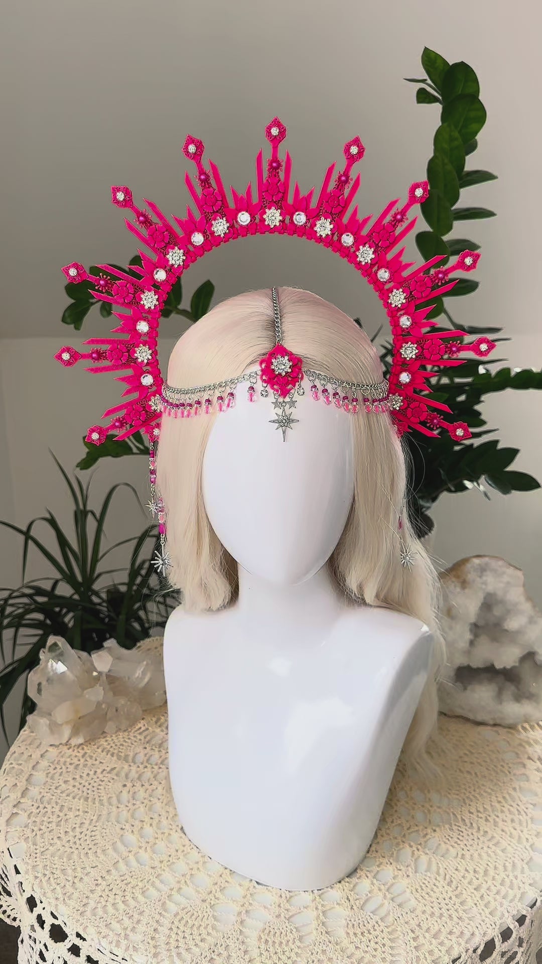 Load and play video in Gallery viewer, Neon Pink Halo Crown Festival Headpiece Rave Goddess Crown UV Costume Headpiece

