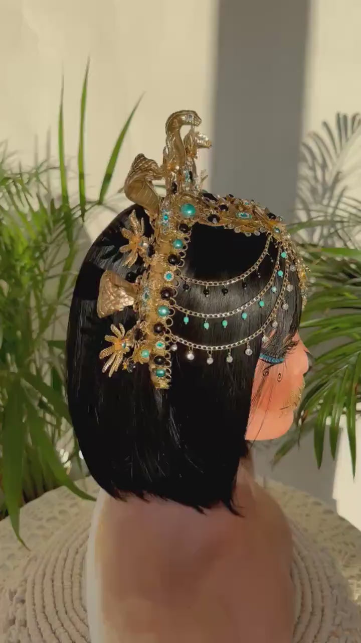 Egyptian Cobra Goddess Crown Gold Turquoise Headpiece Festival Costume Tiara