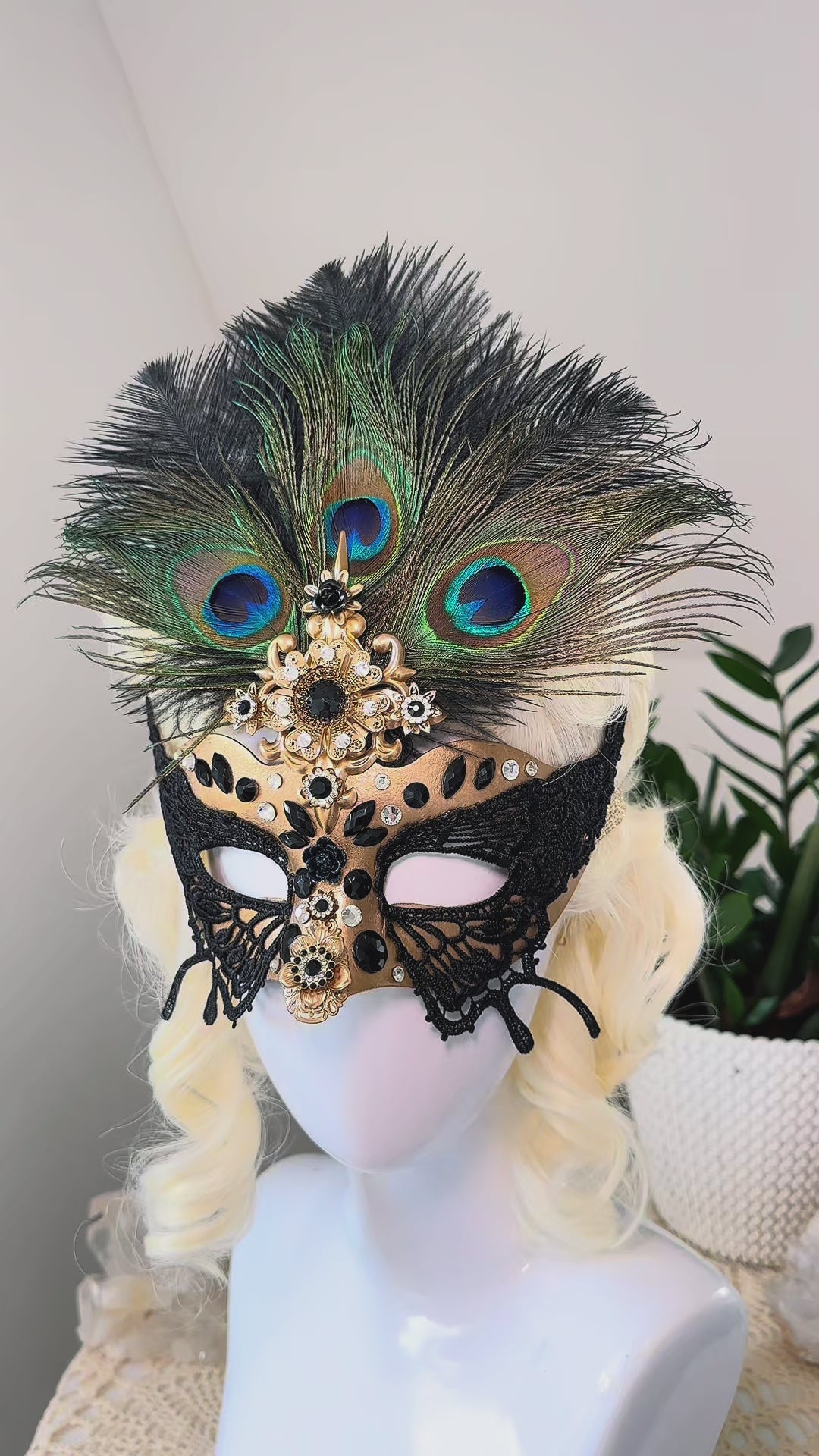 Load and play video in Gallery viewer, Butterfly Masquerade Mask, Peacock Feather Mask, Black Lace Mask, Venetian Carnival Mask, Gothic Halloween Mask
