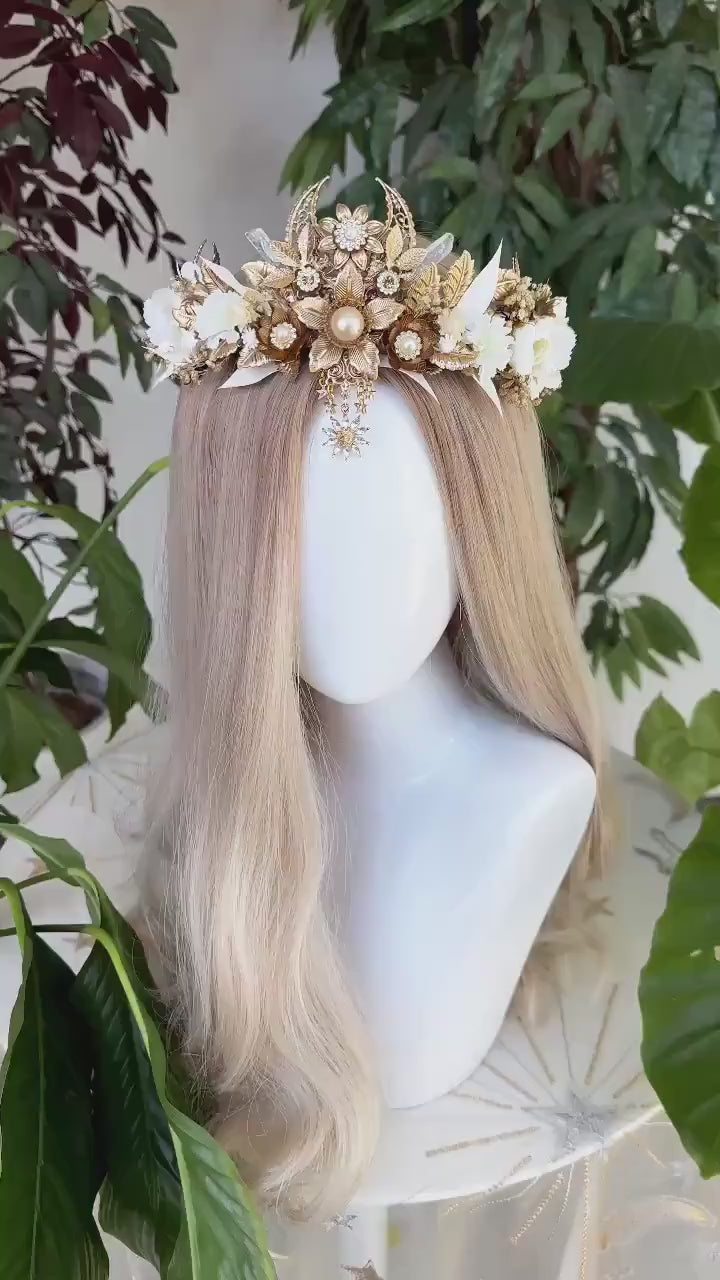 Celestial Bridal Tiara, Gold Wedding Crown, White Floral Headpiece, Goddess Halo Tiara, Boho Festival Tiara, Maternity Photoshoot Crown