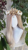 Celestial Bridal Tiara, Gold Wedding Crown, White Floral Headpiece, Goddess Halo Tiara, Boho Festival Tiara, Maternity Photoshoot Crown