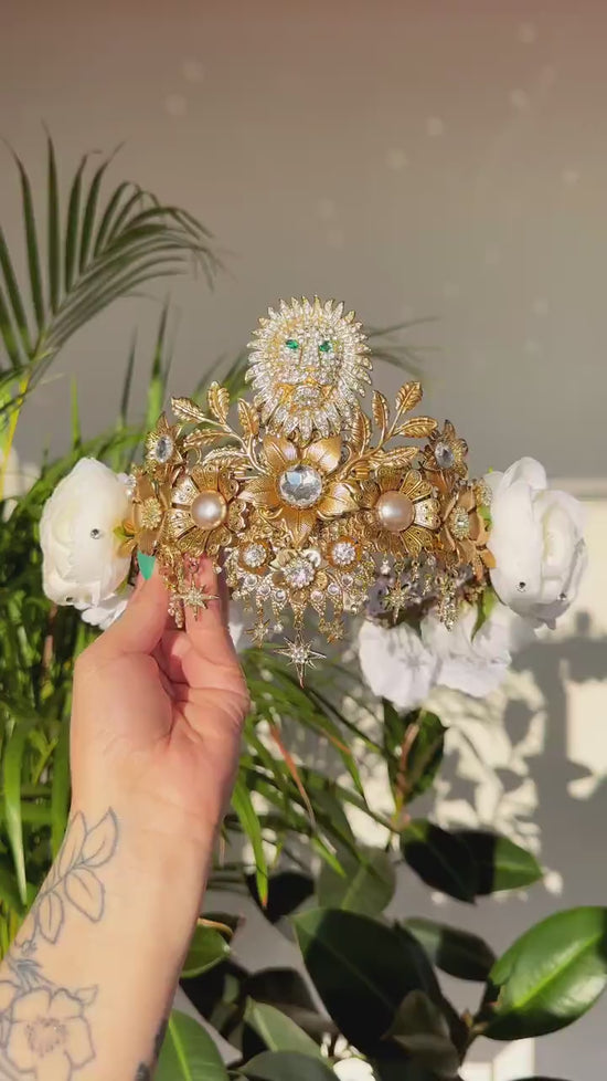 SALE Leo Zodiac signs, Birthday headband, Gold crown, Red flower crown, Zodiac jewelry, Goddess crown, Leo jewelry, Astrology, Birthday