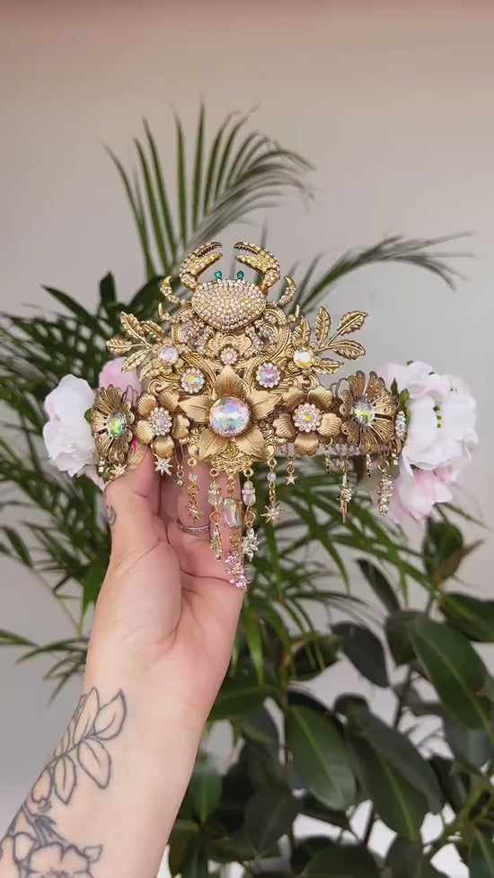 Cancer Zodiac Signs jewelry, Cancer Zodiac crown, Birthday headband, Gold headpiece, Tiara, Halloween costume, Flower crown, Birthday crown