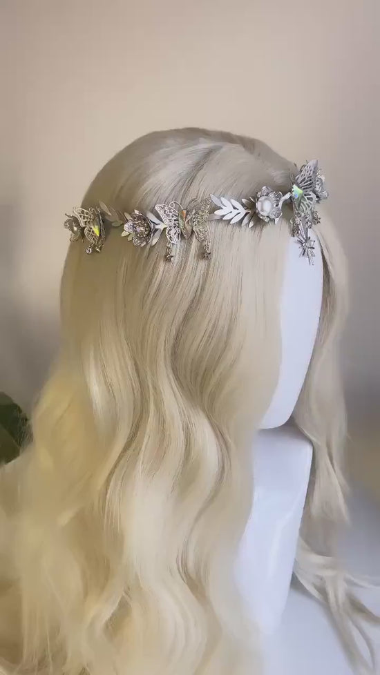 Celestial Butterfly Tiara, Silver Festival Crown, Moon Pearl Headpiece, Cosmic Goddess Tiara, Boho Bride Hair Accessory