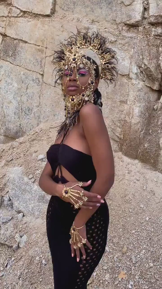 Black Gold Masquerade Mask, Gothic Halloween Mask, Dark Queen Mask, Witch Costume Mask, Festival Masquerade Headpiece