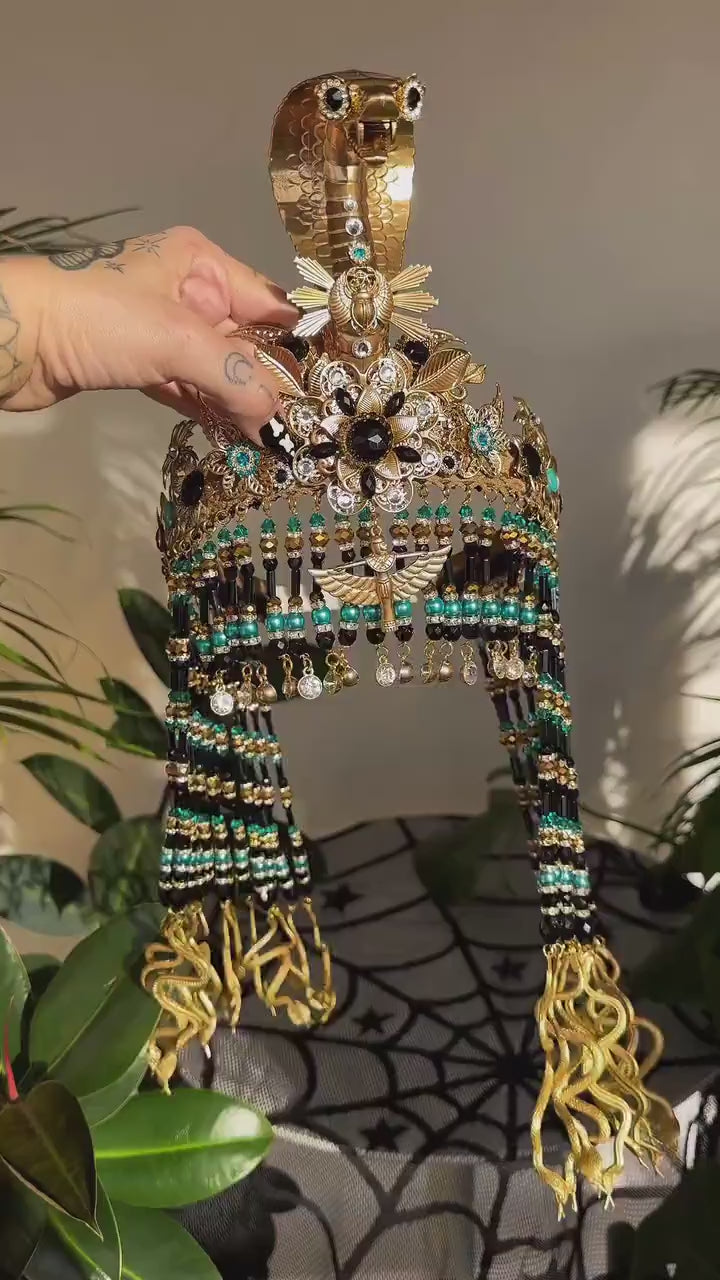 Cleopatra Black Crown, Egyptian Turquoise Crown, Carnival Cleopatra Crown, Mardi Gras Headpiece, Halloween Crown, Regal Egyptian Costume