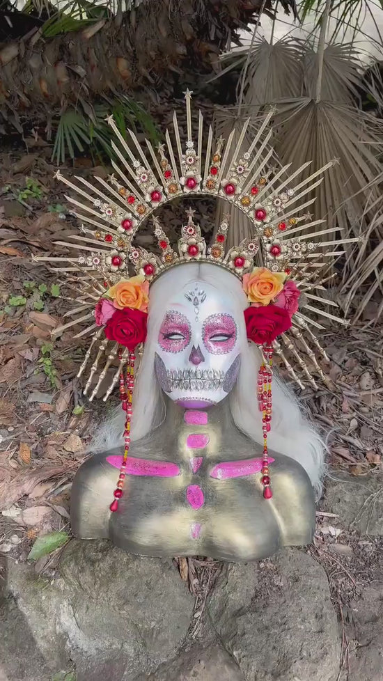 La Catrina Halo Crown, Gold Headdress, Day of the Dead, Skull Tiara, Mexican Headpiece, Floral Crown, Dia de los Muertos, Gothic Costume