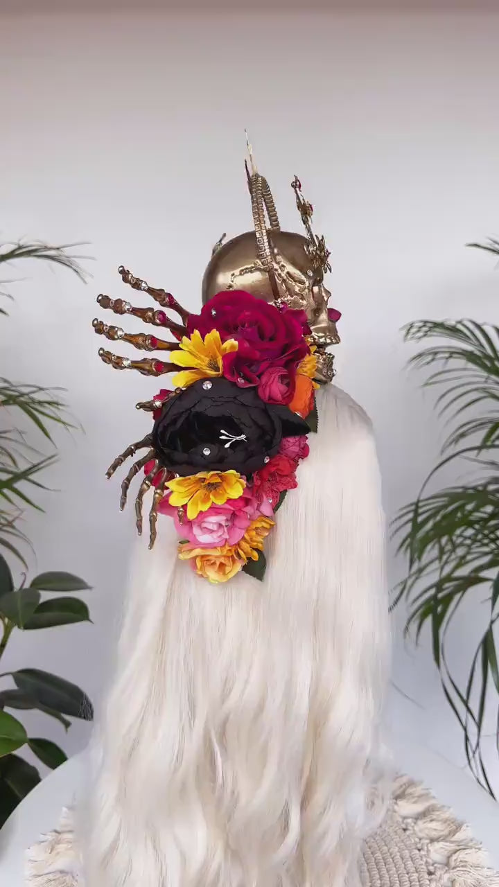SALE Gold Skull Crown, Day of the Dead, La Catrina Headdress, Dia de los Muertos, Skeleton Hands, Halloween Crown, Mexican Goddess
