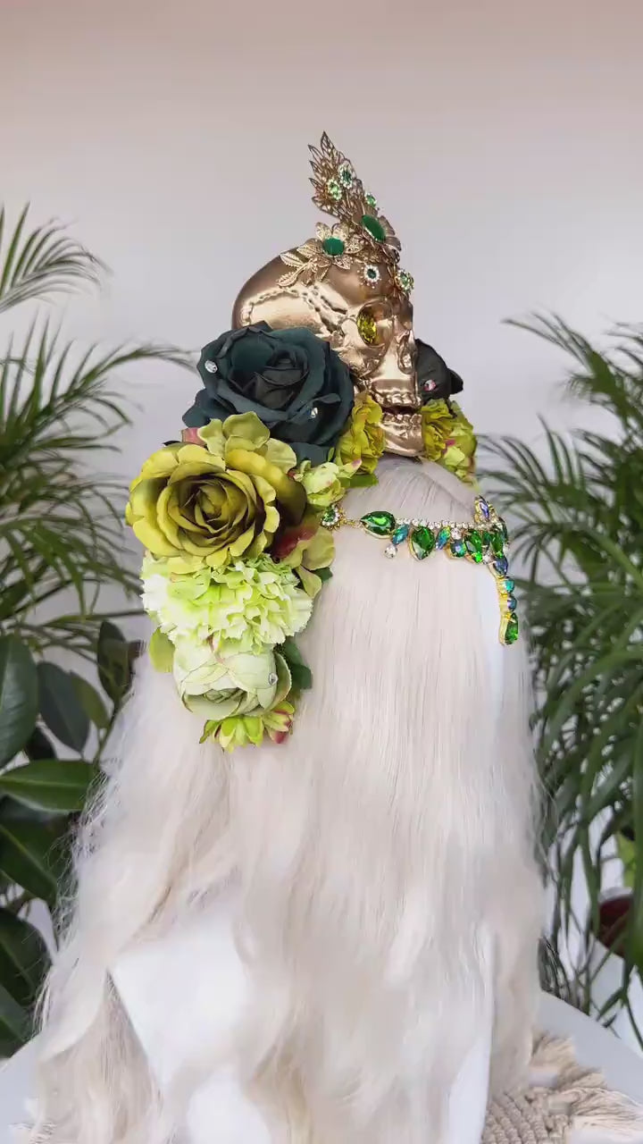 La Catrina Crown, Dia de los Muertos, Green Skull Headdress, Green Flower Headpiece, Mexican Skull Tiara,Halloween Costume,Sugar Skull Crown