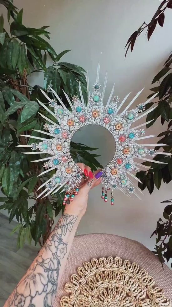 Mint flower crown, Silver halo crown, Silver halo headpiece, Flower halo crown, Gold fairy tiara, Bridal headpiece