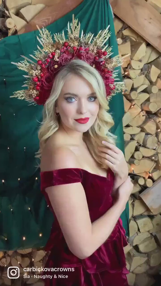 Red Gold Christmas Halo Crown Festive Floral Headpiece Holiday Tiara Winter Goddess Accessories Elegant Christmas Crown