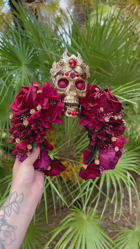 La Catrina Crown, Burgundy Skull Tiara, Day of the Dead Headdress, Floral Sugar Skull Headpiece, Halloween Costume, Dia de los Muertos