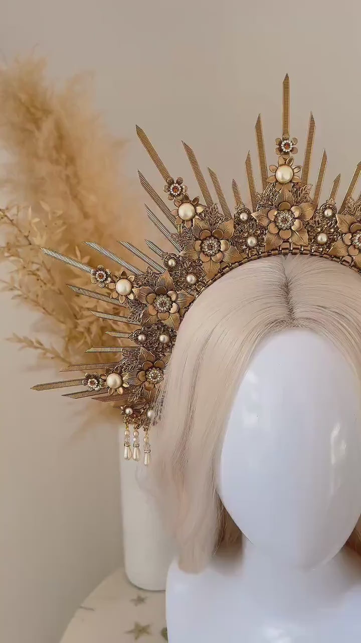 Bridal Halo Crown Gold Goddess Headpiece Boho Wedding Crown