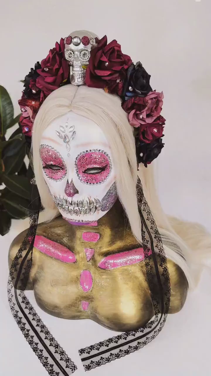 Skull Flower Crown, La Catrina, Día de los Muertos, Gothic Rose Headdress, Halloween Tiara, Red Black Floral Headpiece, Sugar Skull Halo