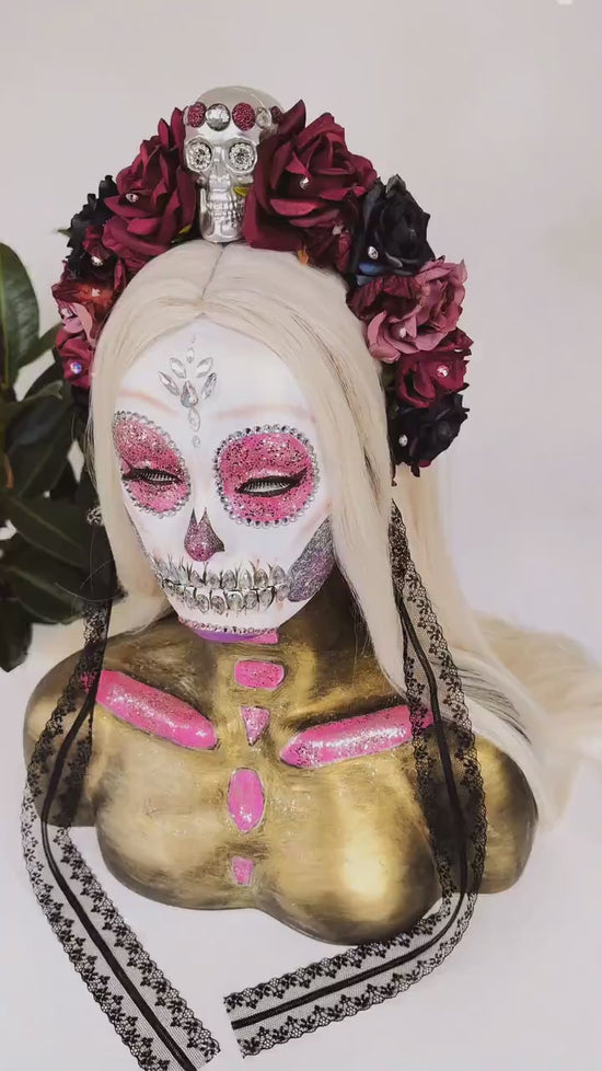Skull Flower Crown, La Catrina, Día de los Muertos, Gothic Rose Headdress, Halloween Tiara, Red Black Floral Headpiece, Sugar Skull Halo