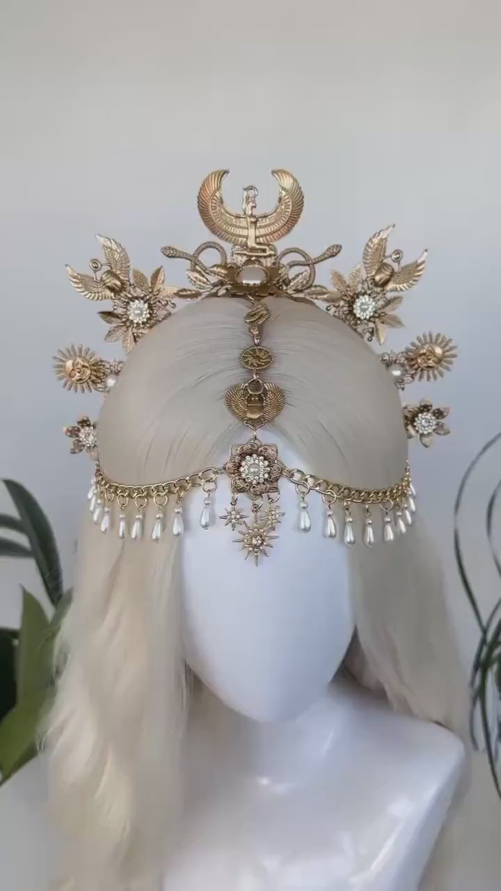 Cleopatra Crown, Egyptian Headpiece, Gold Festival Crown, Boho Chic Halo, Bridal Headpiece, Carnival Costume, Elegant Egyptian Jewelry