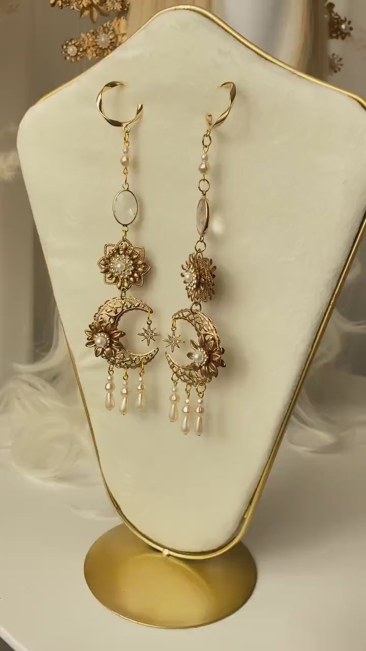 Boho Earrings, Moon Earrings, Handmade Earrings, Boho Style, Gold Boho Earrings, Moon Child Earrings, Rhinestone Earrings, Boho Fashion