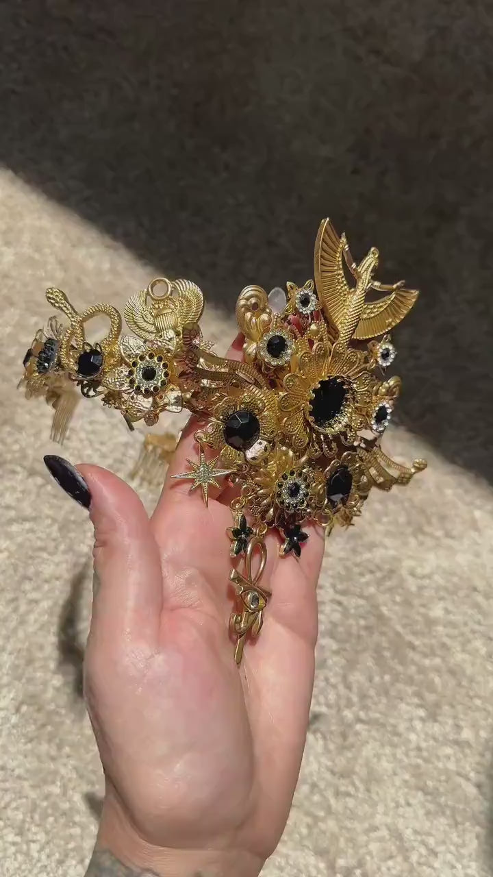 Cleopatra Crown, Egyptian Gold Crown, Black Gem Headpiece, Festival Costume Crown, Mardi Gras Cleopatra Crown, Luxury Handmade Crown, Tiara