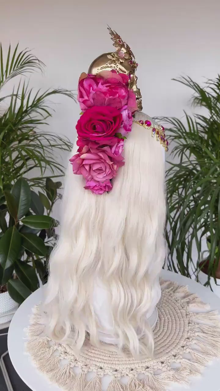 La Catrina Crown, Pink Roses, Skull Headpiece, Mexican Fiesta, Day of the Dead, Sugar Skull, Floral Crown, Festival Costume, Boho Bridal