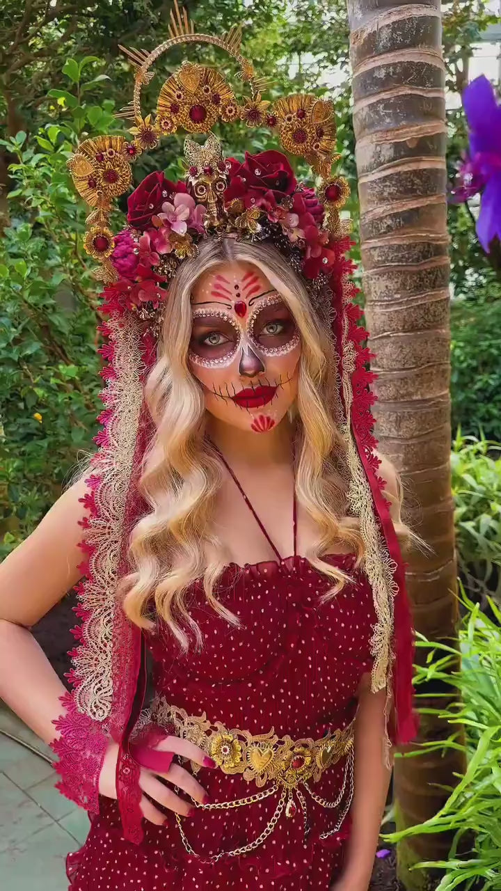 La Catrina Halo Crown, Gold Skull Crown, Red Rose Headdress, Day of the Dead Tiara, Floral Headpiece, Halloween Costume Accessory