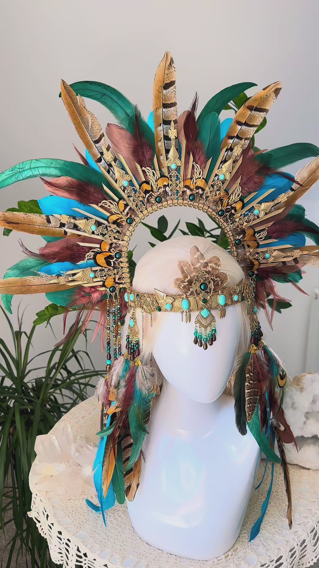 Boho Feather Halo Crown, Goddess Festival Crown, Turquoise Feather Headpiece, Luxury Festival Headpiece, Statement Halo Crown