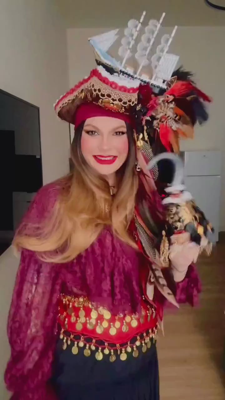 Load and play video in Gallery viewer, Pirate Feather Hat Red Burgundy Nautical Costume Headpiece
