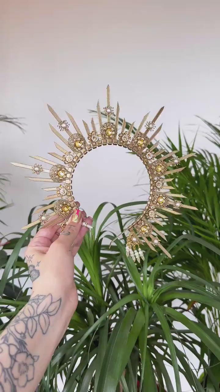 SALE Gold halo crown, Bridal headpiece, Halo headpiece, Gold crown, Flower crown, Bridal crown, Wedding headpiece, Festival crown, Wedding