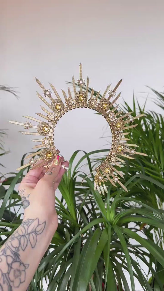 SALE Gold halo crown, Bridal headpiece, Halo headpiece, Gold crown, Flower crown, Bridal crown, Wedding headpiece, Festival crown, Wedding
