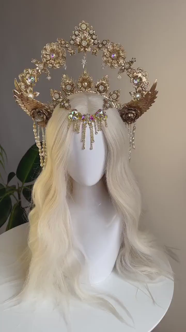 Celestial Halo Crown, Gold Angel Headpiece, Goddess Crown, Festival Halo, Fantasy Crown, Luxury Halo, Wedding Tiara, Boho Sun Crown