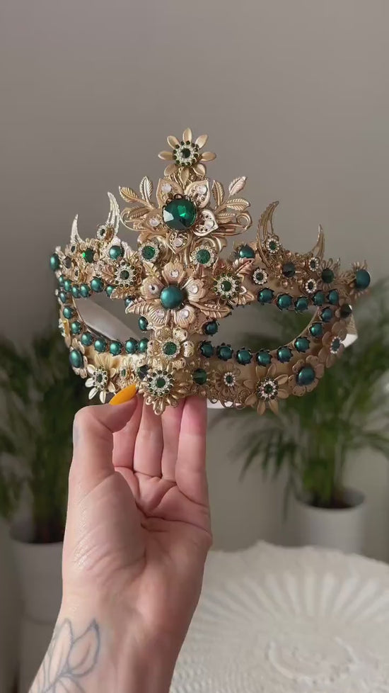 Emerald Gold Goddess Halo Crown Crystal Embellished Floral Luxury Headpiece