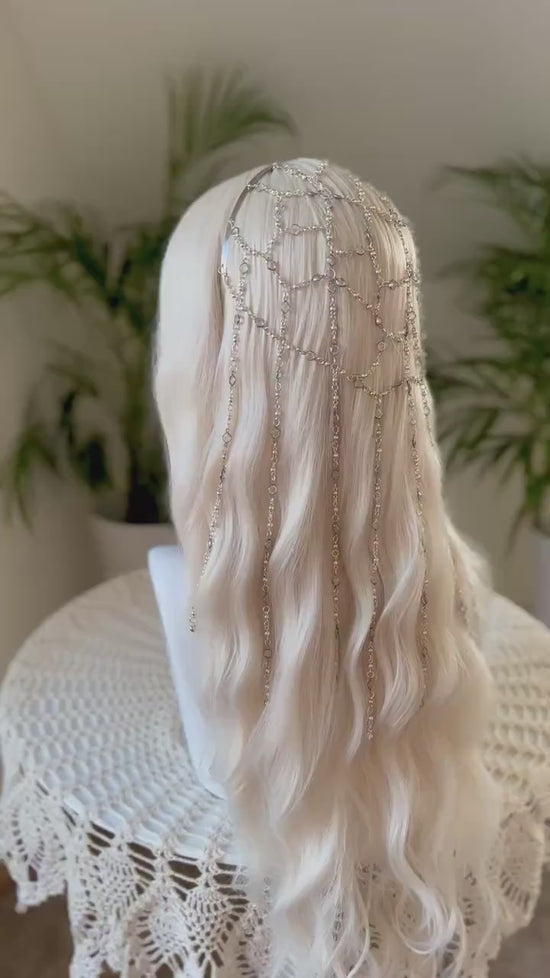 Silver Bridal Head Chain, Crystal Hair Jewelry, Wedding Hair Accessory, Festival Headpiece, Beaded Hair Drape, Boho Head Chain