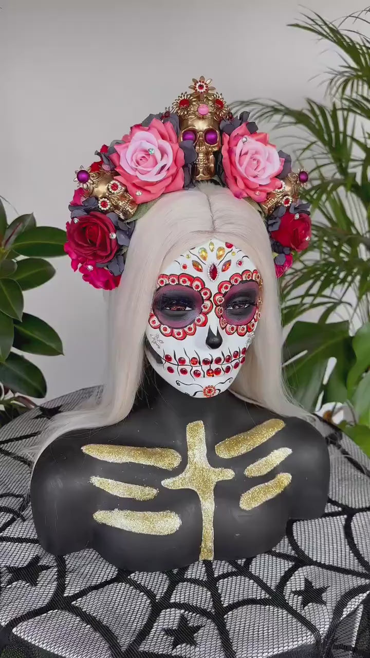 Pink flower crown, Gold halo crown, La Catrina crown, Halloween headband, Halloween costume, Halloween headpiece, Flower headpiece