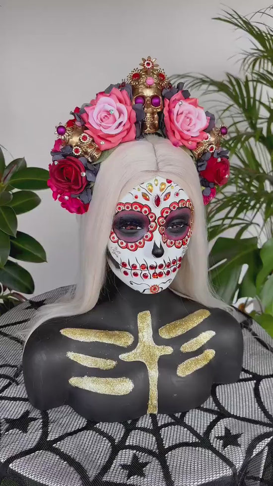Pink flower crown, Gold halo crown, La Catrina crown, Halloween headband, Halloween costume, Halloween headpiece, Flower headpiece