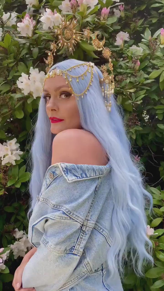 Load and play video in Gallery viewer, Silver Celestial Star Moon Halo Crown Goddess Headpiece
