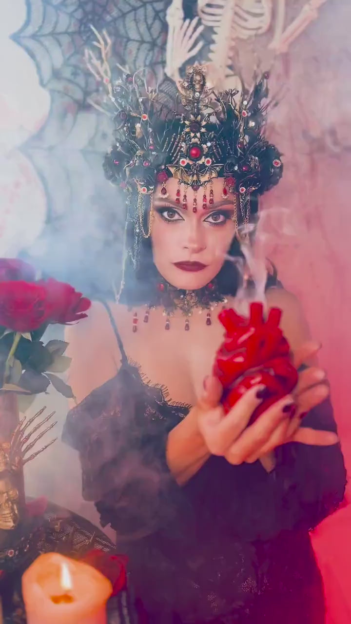 Gothic Morticia Addams Crown Black Red Gold Dark Queen Headpiece Halloween Costume Crown