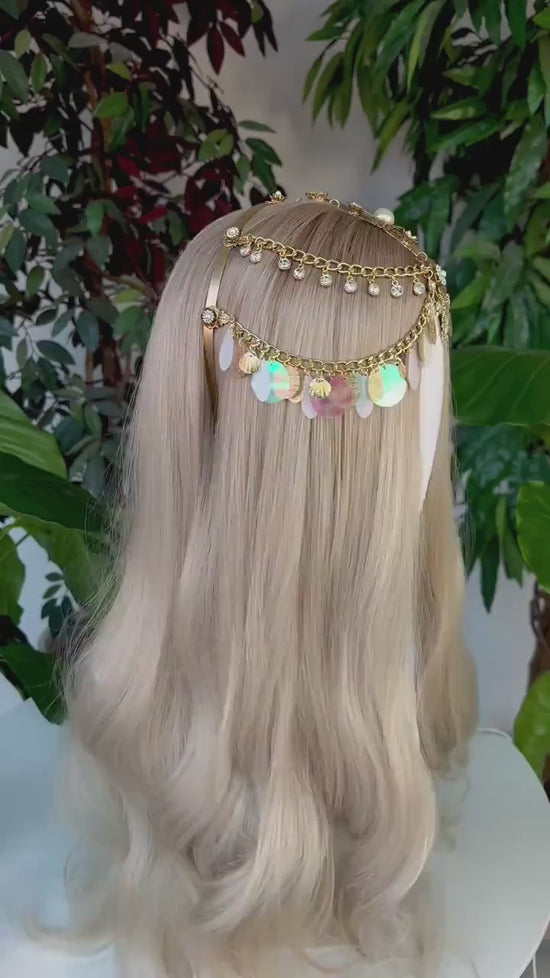 Load and play video in Gallery viewer, Golden Iridescent Bridal Boho Headpiece Festival Halo Headpiece
