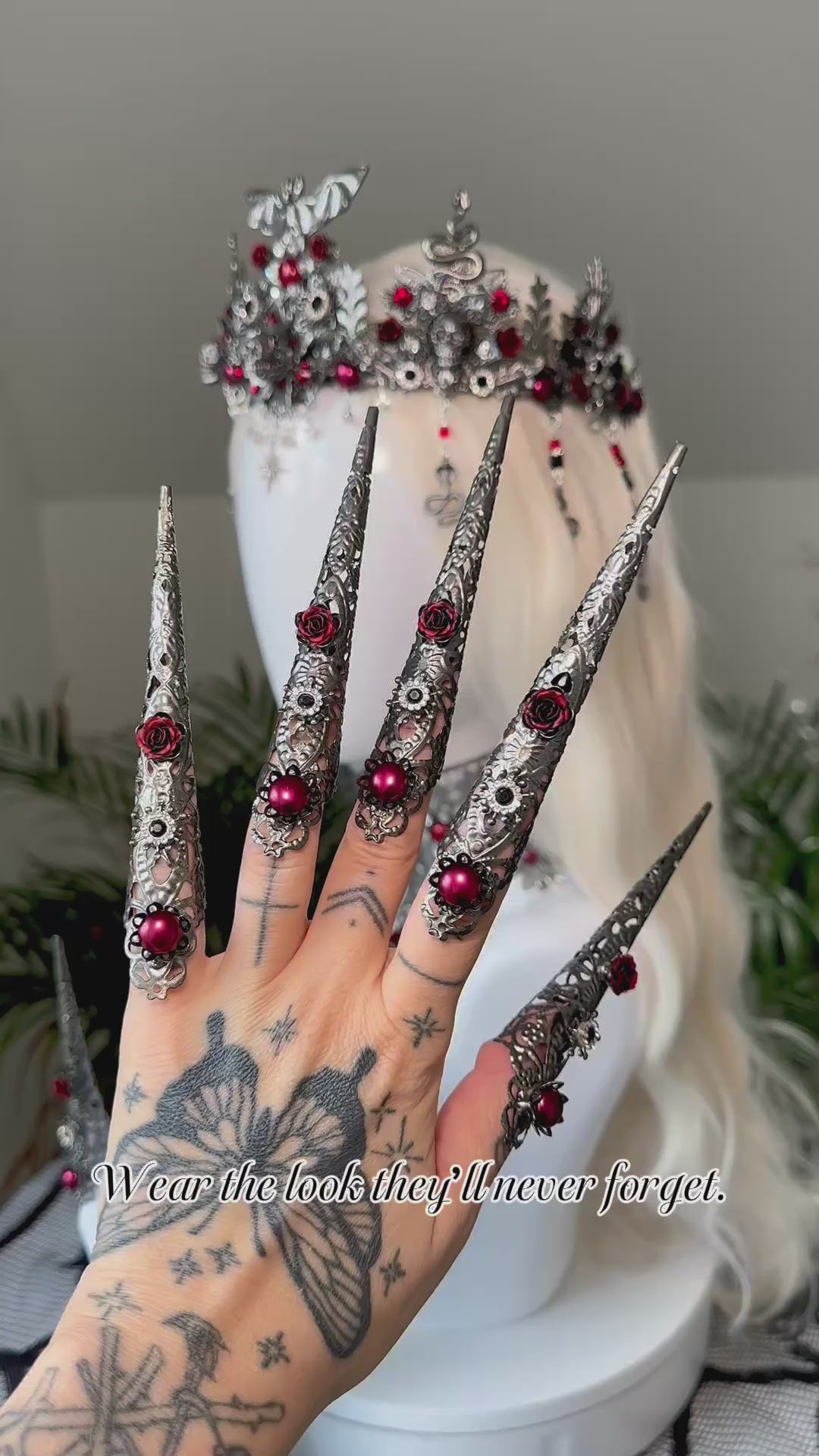 Load and play video in Gallery viewer, Vampire Queen Crown: Gothic Bat, Skull, Red Rose Tiara
