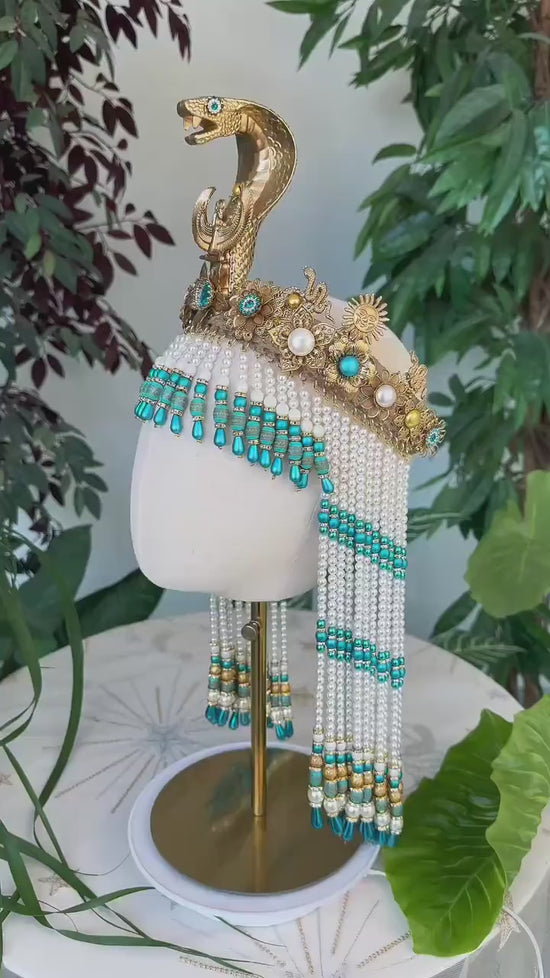 Cleopatra Turquoise Crown, Egyptian Pearl Crown, Gold Festival Crown, Carnival Headpiece, Luxury Costume Crown, Mardi Gras Cleopatra Crown