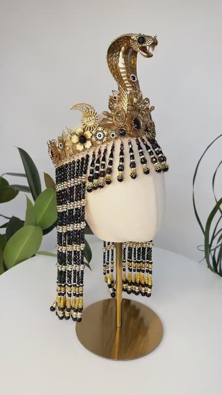 Cleopatra Black Crown, Egyptian Gold Crown, Regal Headpiece, Carnival Cleopatra Crown, Mardi Gras Costume, Halloween Cleopatra Costume