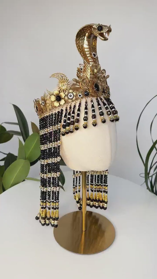 Cleopatra Black Crown, Egyptian Gold Crown, Regal Headpiece, Carnival Cleopatra Crown, Mardi Gras Costume, Halloween Cleopatra Costume