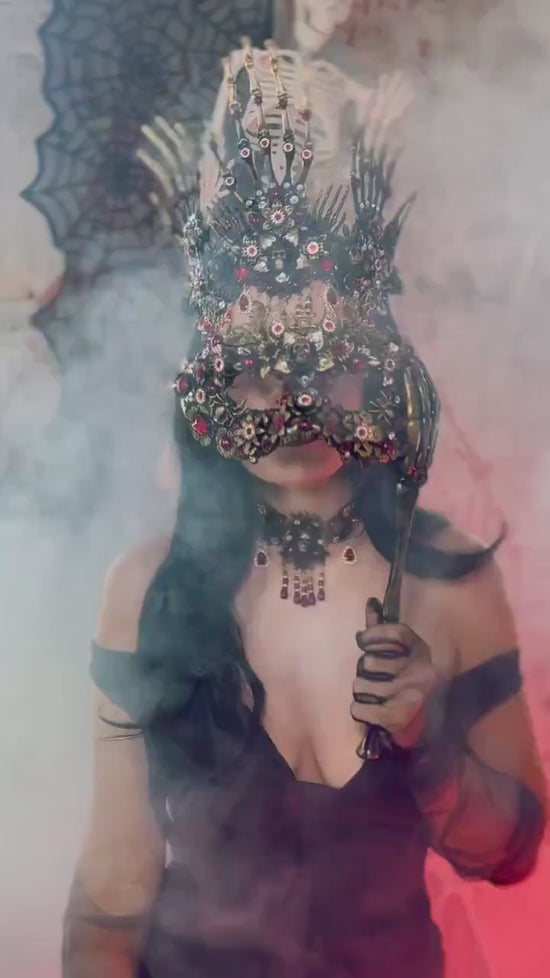 Morticia Gothic Skeleton Hands Crown Red Black Crystal Roses Halloween Tiara Vampire Queen Headpiece