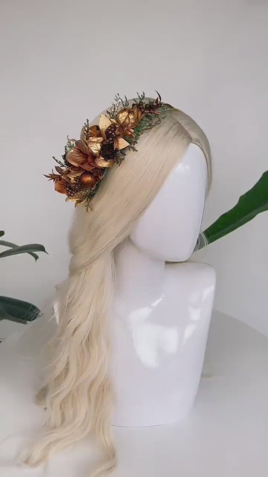 Bronze Christmas Headband Winter Floral Crown Holiday Hairpiece Festive Tiara Elegant Accessories Warm Gold Christmas Crown