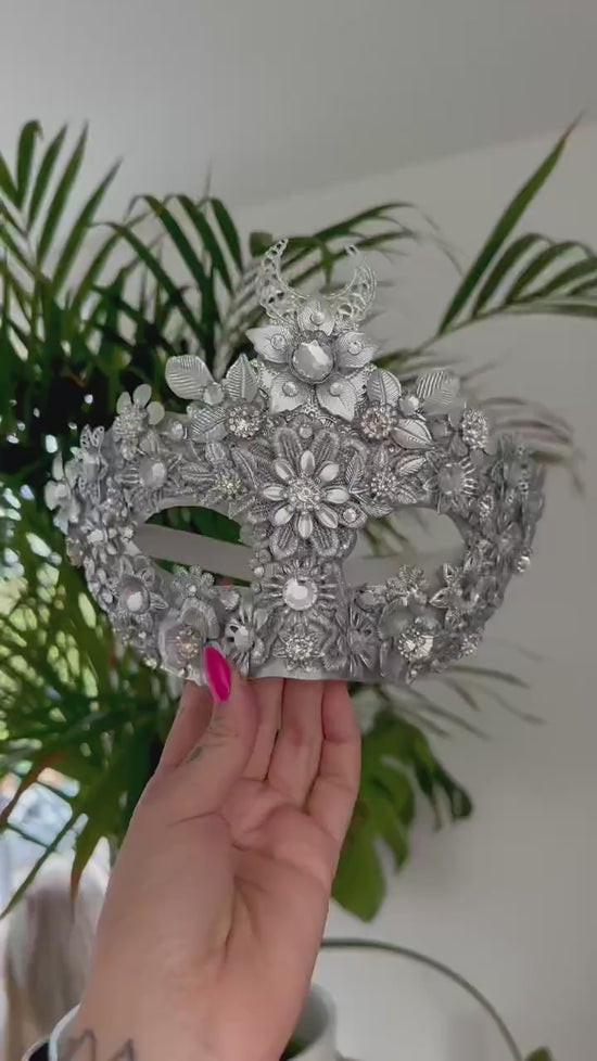 Silver Moon Mask, Venetian Mask, Masquerade Mask, Carnival Mask, Crystal Facepiece, Baroque Costume, Floral Mask, Handmade Mask